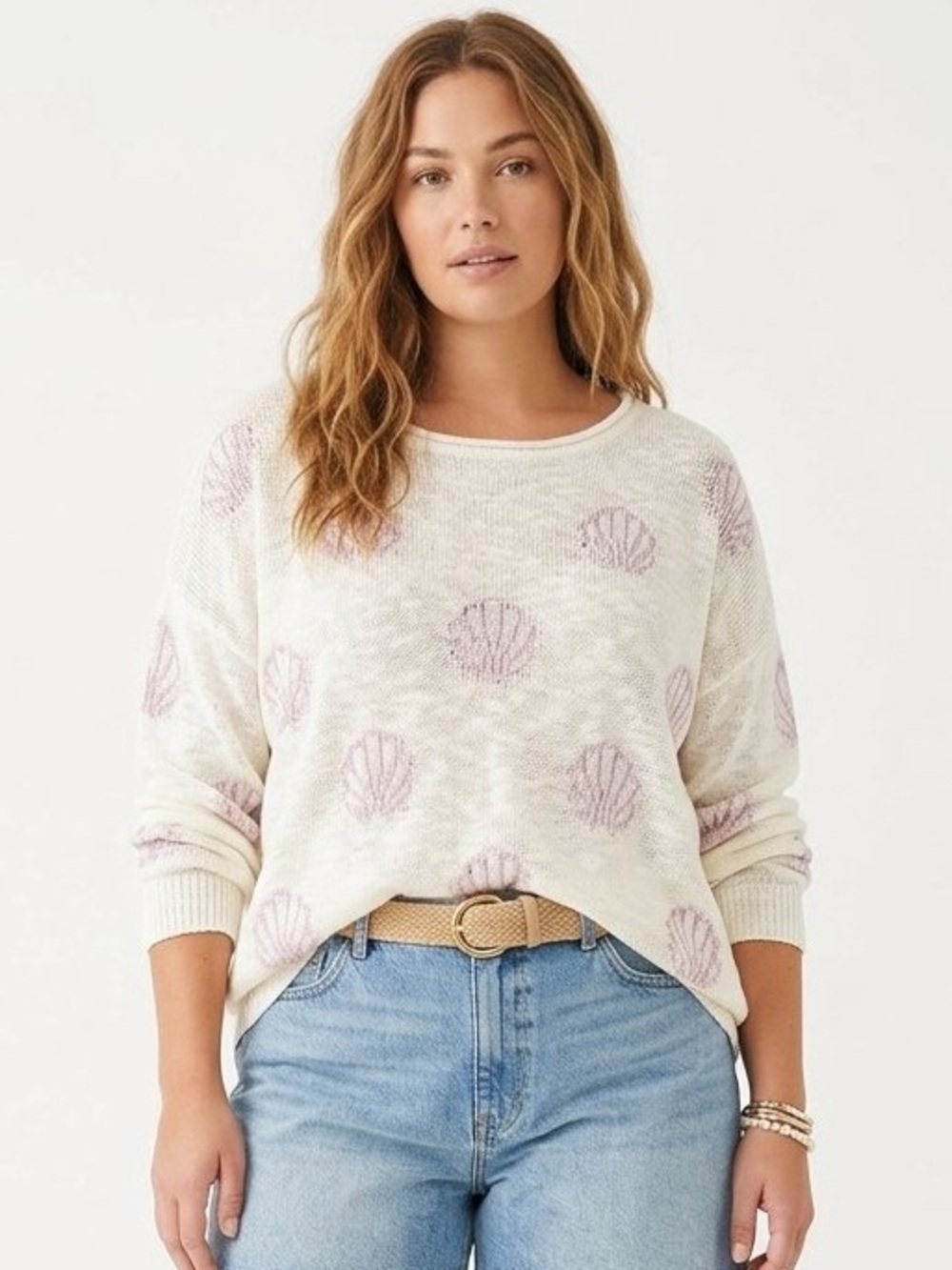 Pink Lily Seashell Pattern Knit Sweater White Purple XL